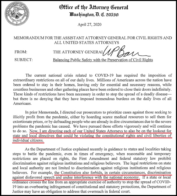 Attorney General Bill Barr Issues DOJ Memo: “The Constitution is Not Suspended in Times of Crisis”… | The Last Refuge