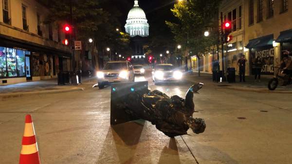 Madison protesters pull down Forward, Hans Christian Heg statues