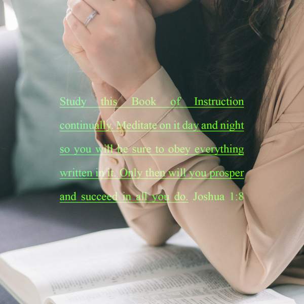 Joshua 1:8 Study this Book of Instruction continually. Meditate on it day and night so you will be sure to obey everything written in it. Only then will you prosper and succeed in all you do. | New Living Translation (NLT) | Download The Bible App Now
