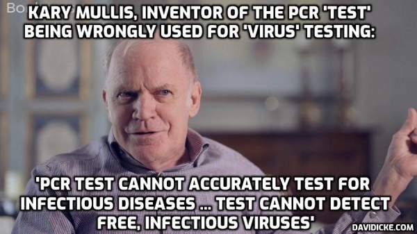 PCR ‘Covid [fake] test’ inventor Kary Mullis: ‘With PCR if you do it well you can find almost anything in anybody.’ This is the ‘test’ that is being used to produce the ‘cases’ to justify fascistic lockdown by finding anything in anybody – and they know it – David Icke