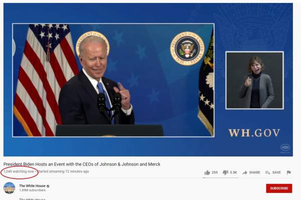 Joe Biden Mumbles Through COVID Talk -- Only 1,049 People Watch the Speech Live, Only 1.4K Retweets! -- But Joe had 81 Million Votes? What a Crock!