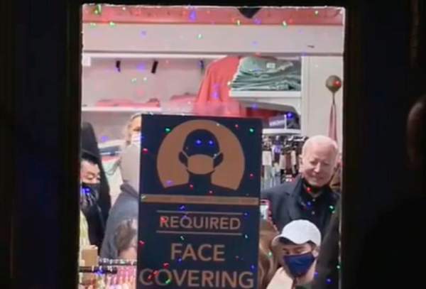 Hypocrite Joe Biden Spotted Shopping Without a Mask, Despite Sign on Door Saying They're Required