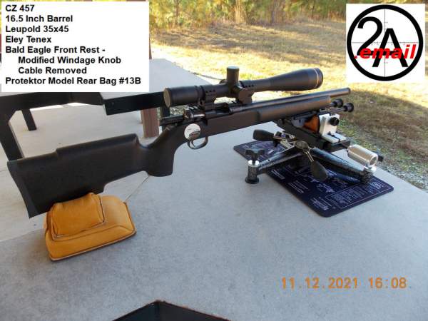 2A.email Reviews - My CZ 457 - At the Range on Nov 12, 2021https://www.2a.email/post/2a-email-reviews-my-cz-457-at-the-range-on-nov-12-2021 https://static.wixstatic.com/media/a7c5bb_726e2ea9fe9c48ac90c72240e5512655~mv2.jpg/v1/fit/w_1000%2Ch_1000%2Cal_c%2Cq_80/file.jpg CZ 457 PROVARMINT SUPPRESSOR-READY 16.5 in Barrel Length Leupold 35x45 Bald Eagle Front Rest - Modified Windage Knob Cable Removed Protektor Model Rear Bag #13B As you can see, I used the folded bipod to rest on the Bald Eagle Front rest and this does not work well. Decided not to waste ammo and that's so few 'holes punched	'. Please show your support of the 2A with an address at "YourName"@2A.email We're moving away from FaceBook. Please join me on: USA.life https://usa.life/2Aemail MeWe https: 2A.email