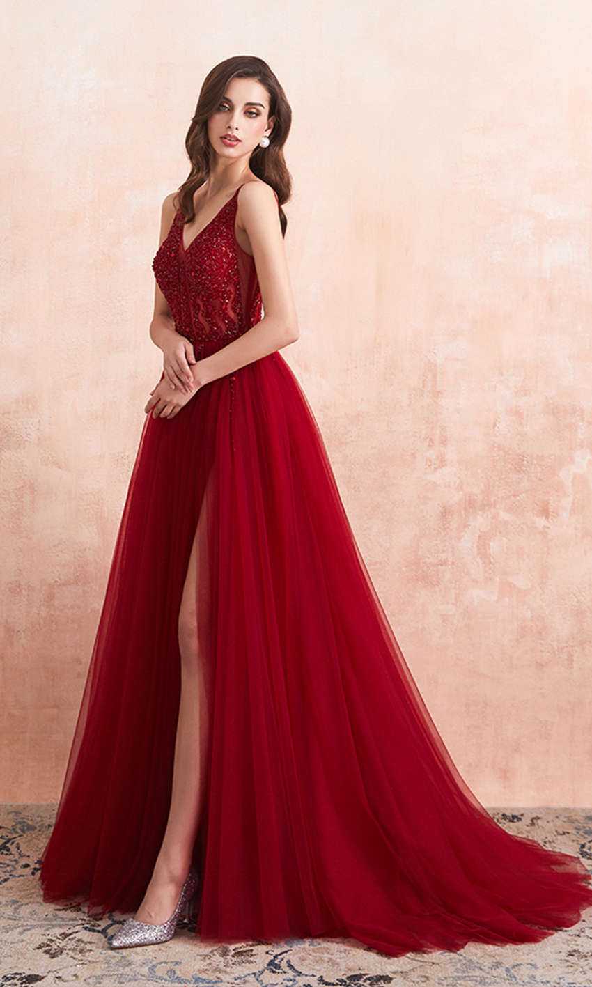 long red prom dresses slit