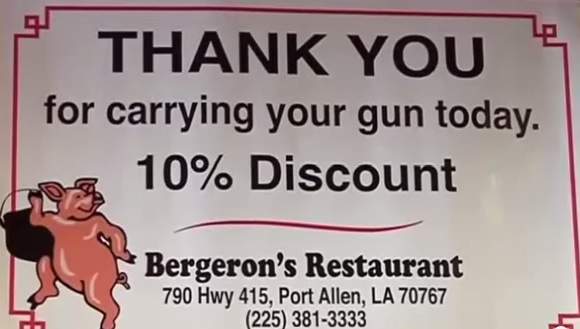 THIS IS AWESOME! LOUISIANA RESTAURANT OFFERS DISCOUNT FOR PACKING HEAT!