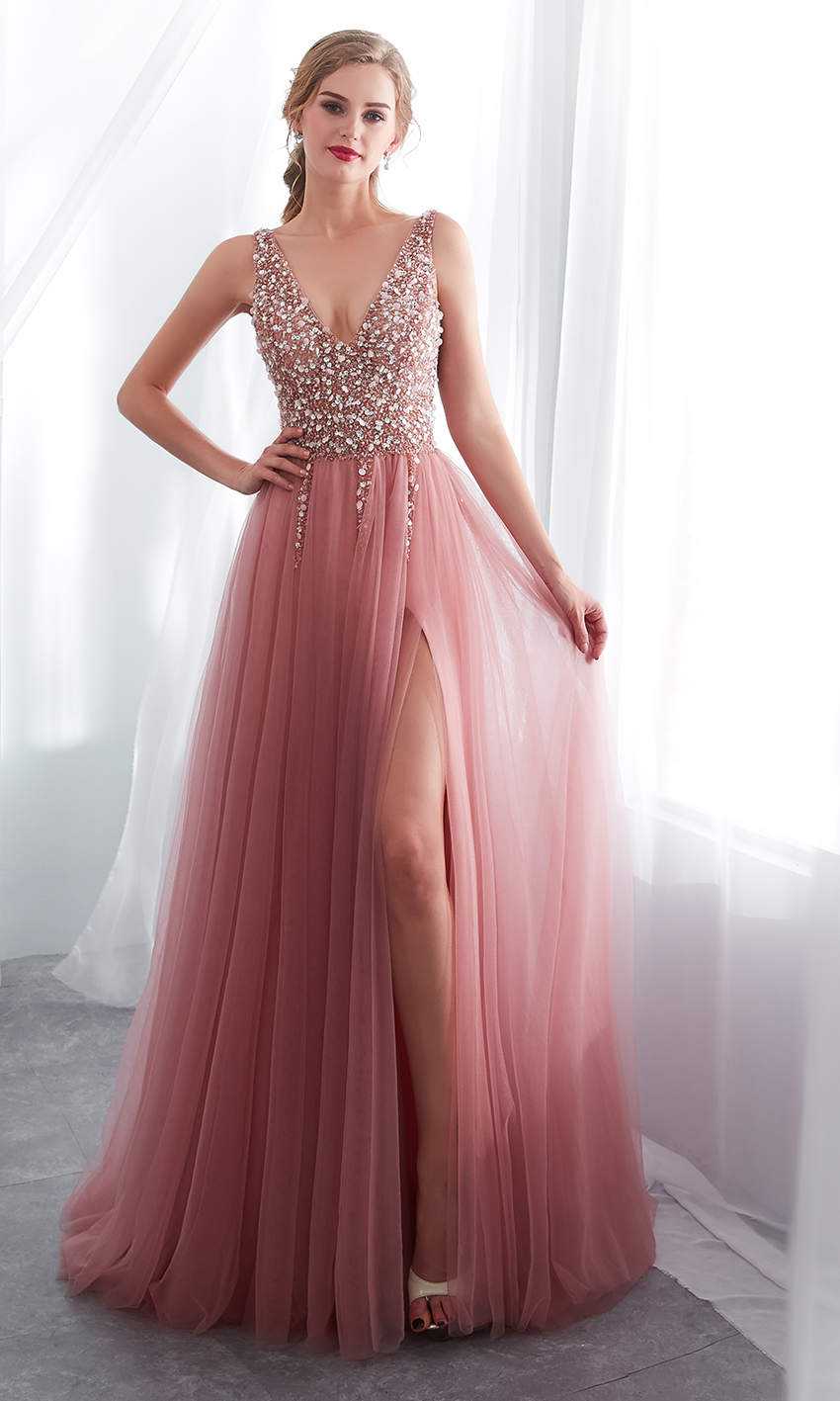 pink prom dresses slit