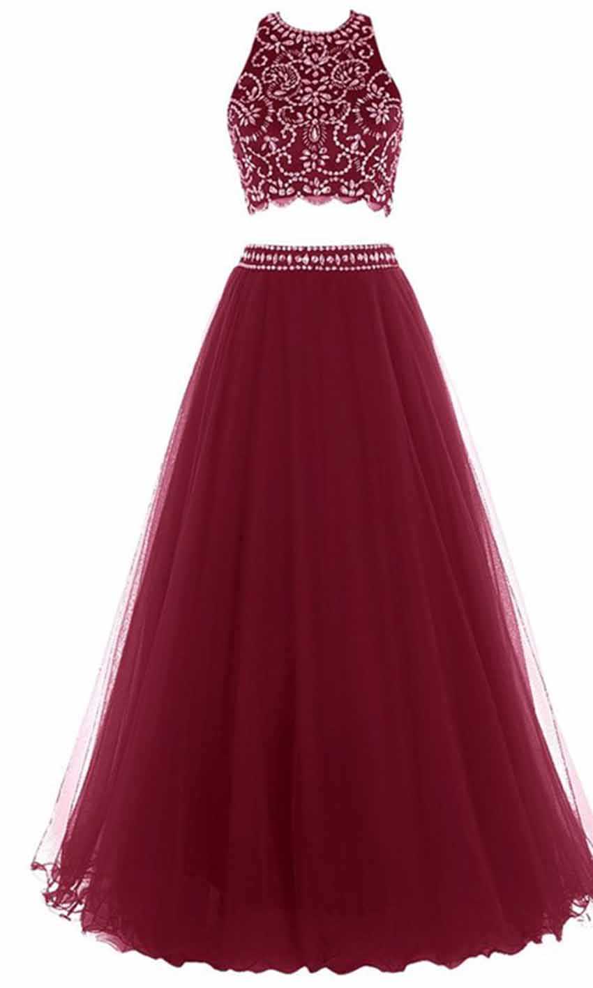 crystal long red two pieces prom gowns