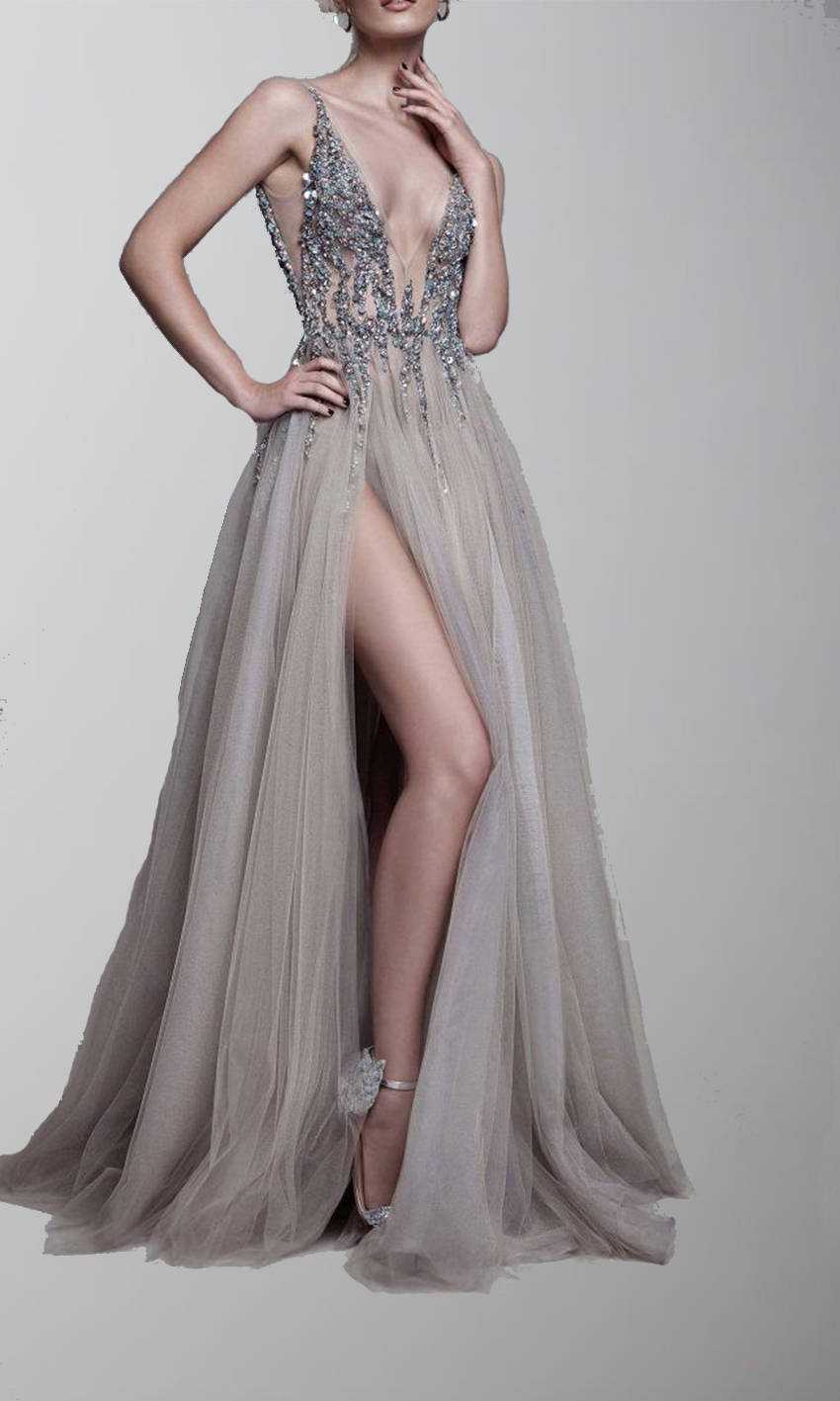 sparkly V-neck maxi prom dresses
