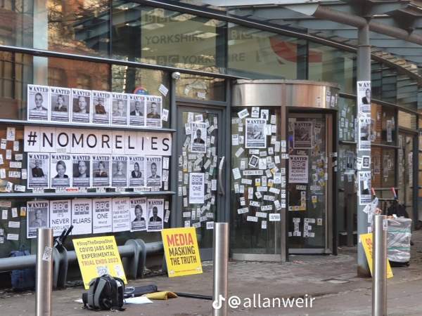 "BBC is the Virus" - At Least 6 BBC Buildings Across UK Covered with Photos of People Who Died from COVID Vaccine (VIDEO)