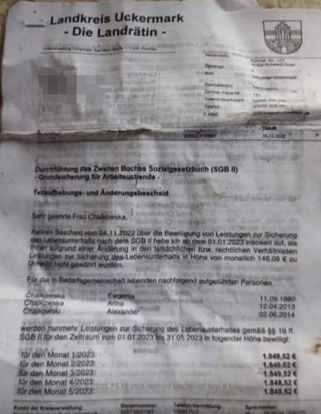 Bewilligungsbescheid für eine 42-jährige Ukrainerin, die  demnach 1849,52 Euro Bürgergeld monatlich bekommt. – Jihad Watch Deutschland