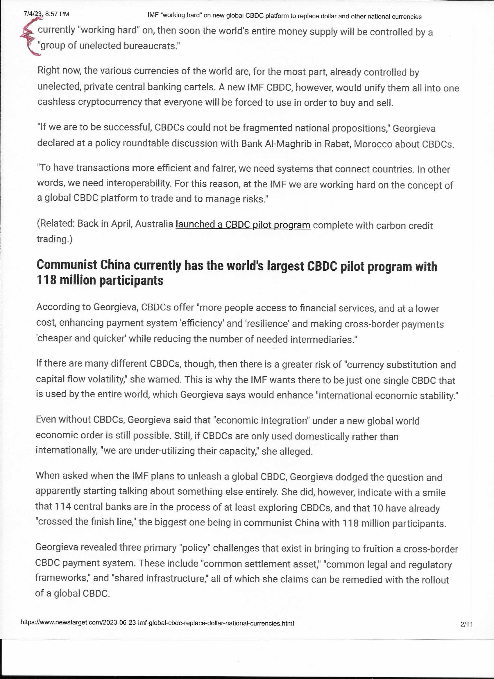 IMF “working hard” on new global CBDC platform to replace dollar and other national currencies  print out highlights page 2 