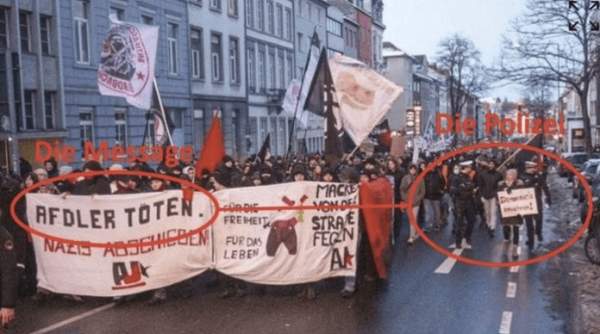 Germany: Poster with the inscription ” Kill an AFD members” at a radical left-wing anti-AfD demonstration – and two police officers walk alongside and do not intervene – Allah's Willing Executioners