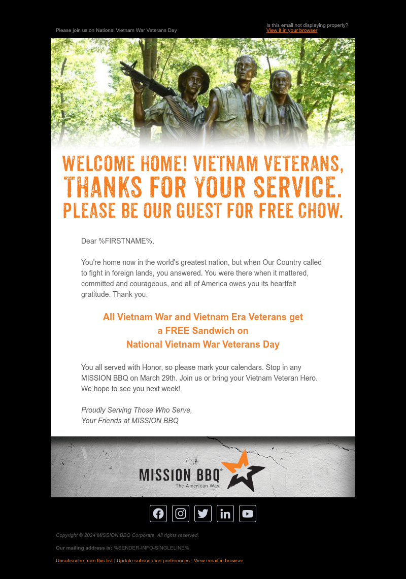 FREE Sandwiches for Vietnam War Veterans on March 29th